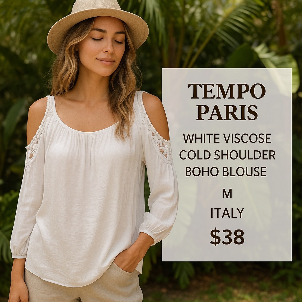 Tempo Paris White Viscose Cold Shoulder Boho Blouse Size M Italy
